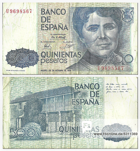 Alte Banknote  Vorderseite und Rückseite  500 Pesetas  Spanien  Banco de Espana  um 1979