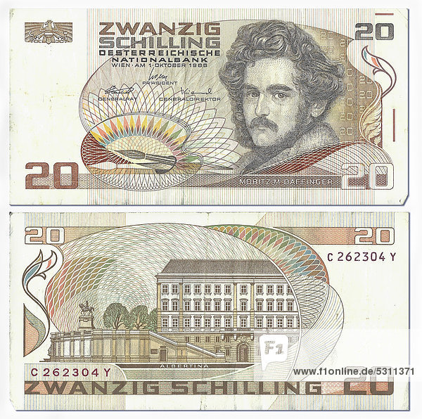 Alte Banknote  Vorderseite und Rückseite  20 Schilling  Österreich  Österreichische Nationalbank  um 1986