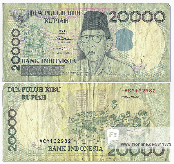 Alte Banknote  Vorderseite und Rückseite  20.000 Rupiah  Indonesien  Bank Indonesia  um 1998