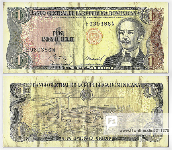 Alte Banknote  Vorderseite und Rückseite  1 Peso Oro  Dominikanische Republik  Banco Central Republica Dominicana  um 1987