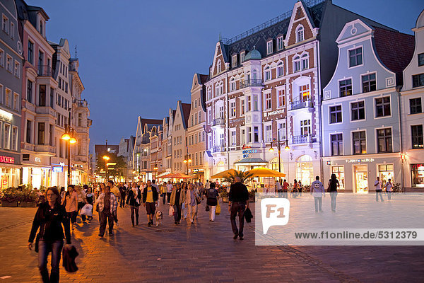 Pedestrian zone in the Hanseatic city of Rostock at dusk  Mecklenburg-Western Pomerania  Germany  Europe
