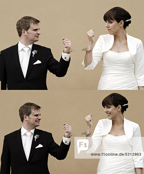 Double image of a wedding couple connected with handcuffs  the bride and groom looking at each other  first seriously and then laughing  marriage