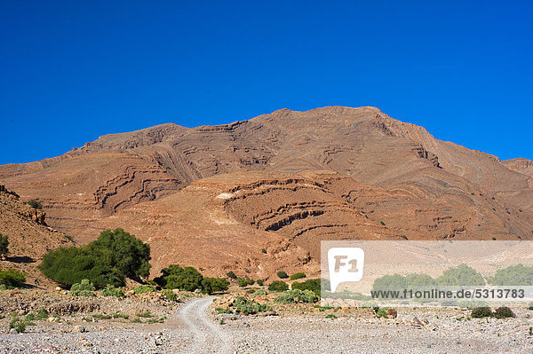 Typische Berglandschaft mit erodierten Berghängen im Ait Mansour Tal  eine Piste führt durch das ausgetrocknete Flussbett  Antiatlas  Südmarokko  Marokko  Afrika