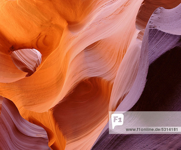 Roter Sandstein der Moenkopi-Formation  Gesteinsformen  Farben und Strukturen im Lower Antelope Slot Canyon  Corkscrew Canyon  Page  Navajo Nation Reservation  Arizona  Vereinigte Staaten von Amerika  USA