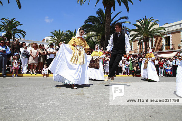 Members of a folklore group in traditional costume performing typical dances  Ibiza  Spain  Europe
