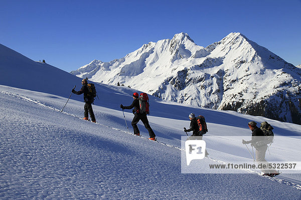 Skitourengruppe  Pulverschnee  Berge  Montafon  Vorarlberg  Österreich  Europa