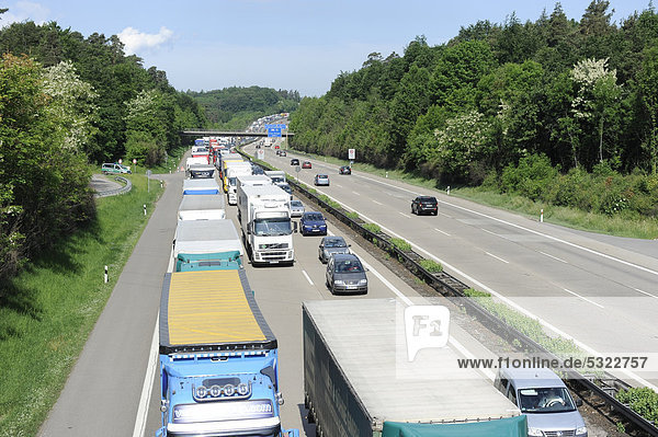 Traffic jam on the A8 highway near Stuttgart following the accident of a hazardous goods transporter looking towards Karlsruhe Baden-Wuerttemberg Germany Europe