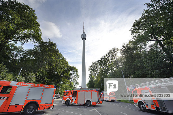 Vehicles of the fire department at the TV tower  Stuttgart  Baden-Wuerttemberg  Germany  Europe