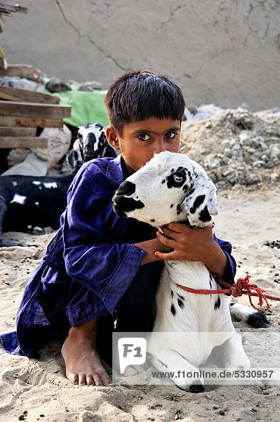 Boy with a goat  village of Basti Lehar Walla  Punjab  Pakistan  Asia