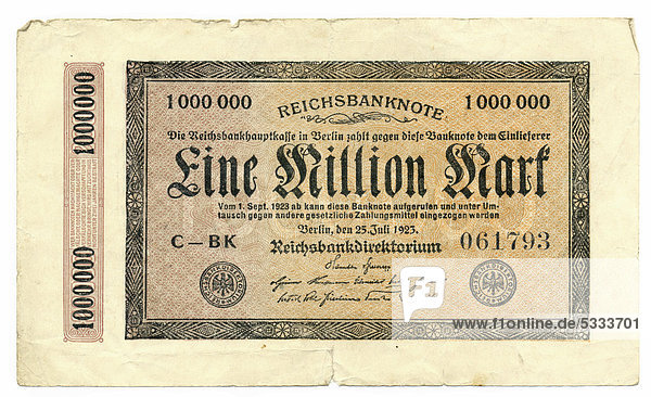 Vorderseite einer Banknote  Reichsbanknote  1 Million Mark  1923  Inflationsgeld  Deutschland  Europa