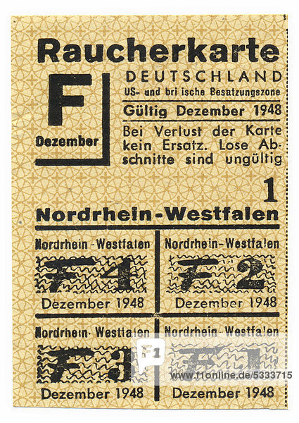 Bezugsschein für Tabakwaren,  Raucherkarte von 1948 für Nordrhein-Westfalen,  US und Britische Besatzungszone,  Deutschland,  Europa
