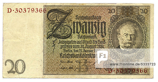 Vorderseite  Reichsbanknote  20 RM  Reichsmark  1929  Deutschland  Europa