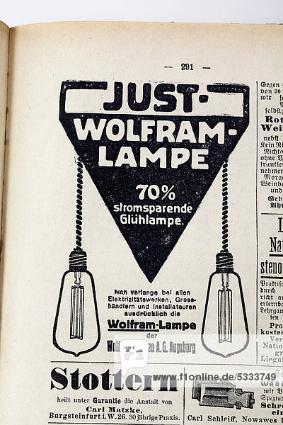 Stromsparende Wolframlampe  Anzeigenwerbung  Illustrierter Deutscher Flotten-Kalender  Verlag Wilhelm Köhler  Minden  Deutschland  1911