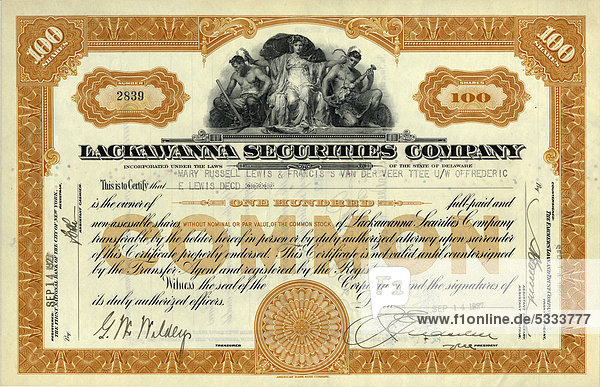 Historische Aktie Lackawana Securities Company 100 Anteile 1927 Delaware USA