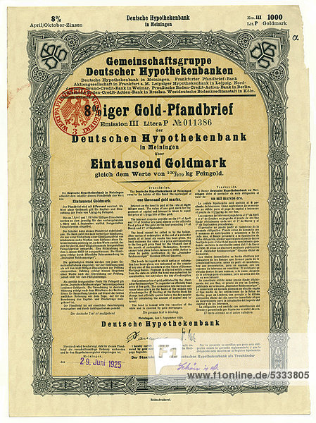 Historische Aktie  8%iger Goldpfandbrief der Deutschen Hypothekenbank über 1000 Goldmark  1925  Sachsen  Deutschland  Europa