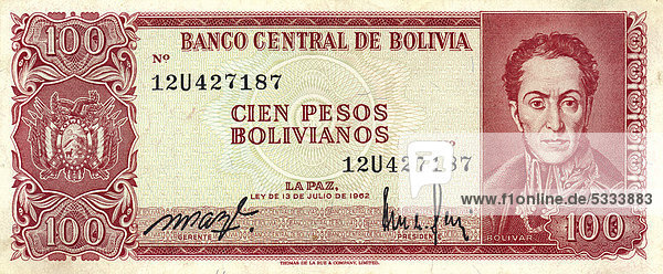 Banknote aus Bolivien 100 Pesos Simon Bolivar 1962