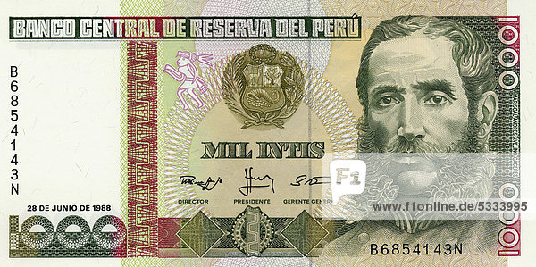Banknote aus Peru  1000 Intis  AndrÈs Avelino C·ceres Dorregaray  peruanischer Nationalheld und Präsident Perus  1988