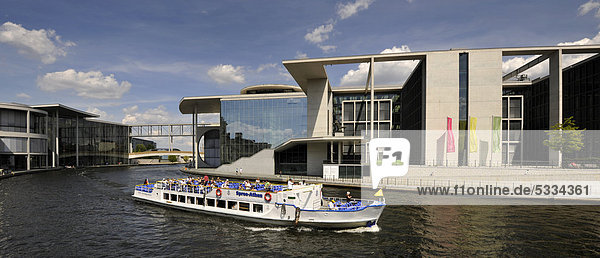 Excursion boat in front of the Marie Elisabeth Lueders Building and the Paul Loebe Building  Reichstagufer  Spreebogen  Government District  Berlin  Germany  Europe  PublicGround