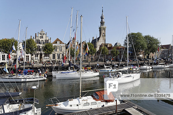 Marina and tower of the town hall  historic town of Veere  Walcheren  Zeeland  Netherlands  Europe