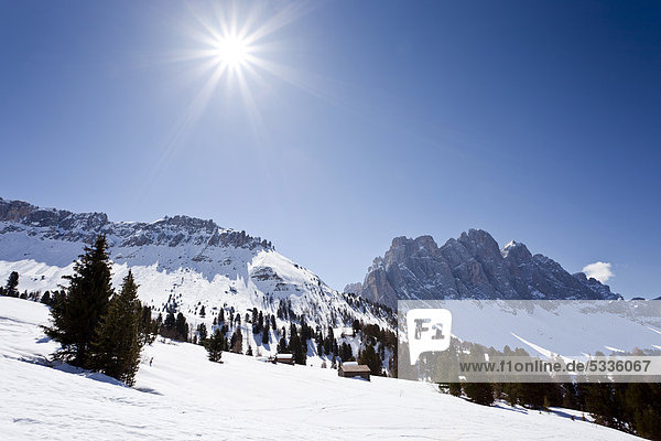 Ausblick beim Aufstieg zum Zendleserkofel im Villnösstal hinten die Geislerspitzen Dolomiten Südtirol Italien Europa
