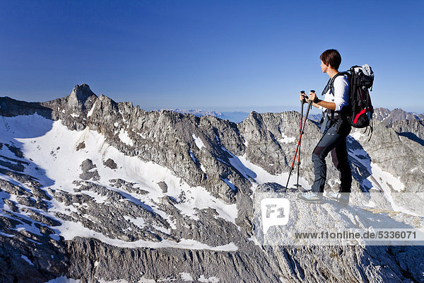 Mountain climber ascending Hochfeiler Mountain  Pfitschertal Valley  in front of the Dolomites  Alto Adige  Italy  Europe