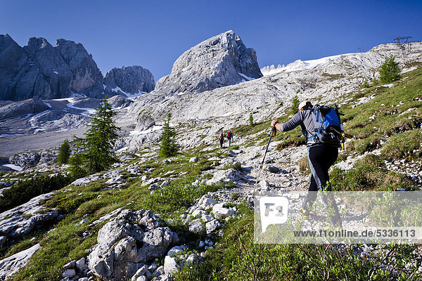 Mountain climber ascending towards Marmolada Mountain on the Westgrat climbing route  Trentino  Dolomites  Italy  Europe