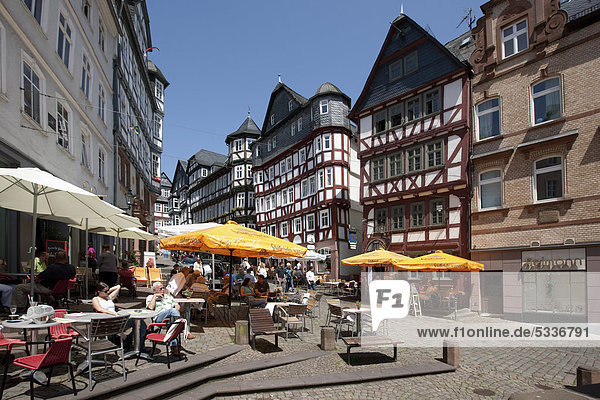 Marketplace with restaurants  historic district of Marburg  Hesse  Germany  Europe  PublicGround