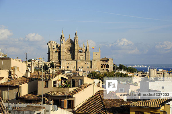 Kathedrale La Seu hinter Häusern in der Altstadt  Ciutat Antiga  Palma de Mallorca  Mallorca  Balearen  Mittelmeer  Spanien  Europa