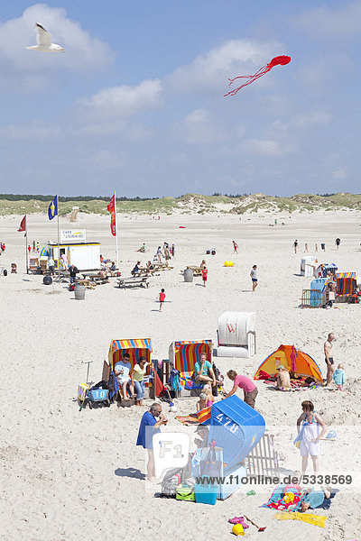 Vacationers on the beach  Kniepsand sandbank  Amrum island  North Friesland  Schleswig-Holstein  Germany  Europe