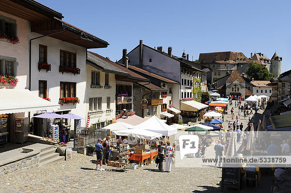 Market in the medieval town of GruyËres  Fribourg  Switzerland  Europe
