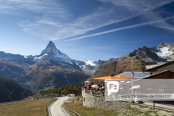 Mountain inn at Sunnegga with views towards Mt Matterhorn  Zermatt  Canton Valais  Switzerland  Europe  PublicGround