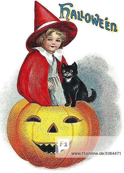 Kind mit Umhang und Hut  sitzt auf einem Kürbis  schwarze Katze  Kürbis mit Gesicht  Halloween  Illustration
