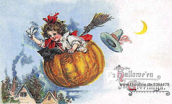Girl in a flying pumpkin  Halloween Greetings  illustration