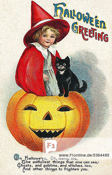 Kind mit Umhang und Hut sitzt auf einem Kürbis  schwarze Katze  Kürbis mit Gesicht  Halloween Greetings  Illustration