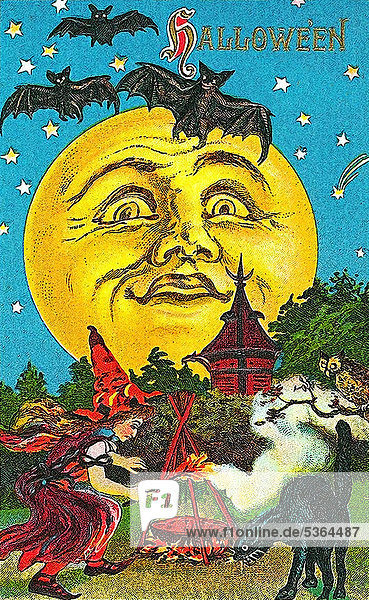 Hexe tanzt um ein Feuer  schwarze Katze  Fledermäuse  Mond mit Gesicht  Halloween  Illustration