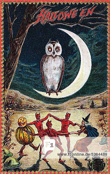 Teufel  Kürbisfigur  Hexe tanzen  Eule sitzt auf Mond  Halloween  Illustration