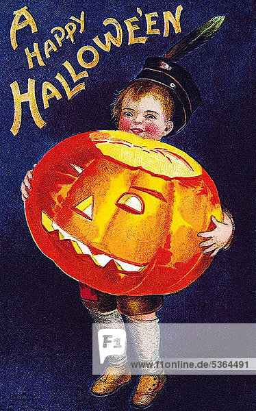 Kleiner Junge hält Kürbis mit Gesicht im Arm  A happy Halloween  Illustration