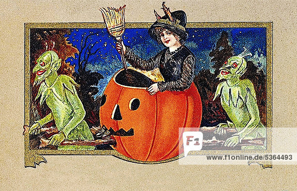 Hexe sitzt im Kürbis  zwei Teufel tragen den Kürbis  Halloween  Illustration
