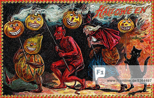 Kürbisfigur  Teufel  Hexe  schwarze Katze  Kürbisse an Stöcken  Halloween  Illustration