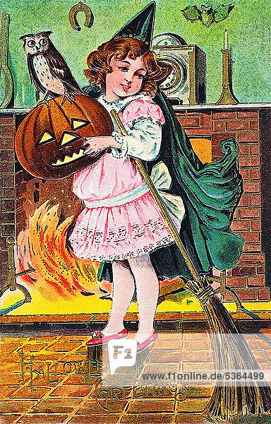 Kleines Mädchen mit Kürbis  Halloween  Illustration