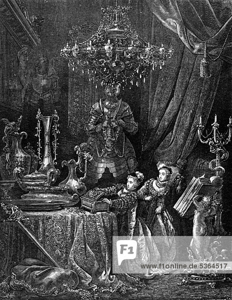 Blaubart  prunkvoller Raum  Schatz  Illustration aus Perraults Märchen  von Charles Perrault  illustriert von Gustave Dore