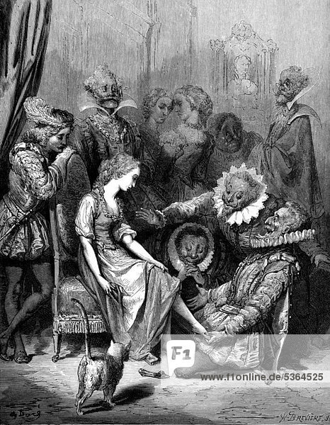 Aschenputtel  Mädchen probiert Schuh an  der ihr passt  Illustration aus Perraults Märchen  von Charles Perrault  illustriert von Gustave Dore