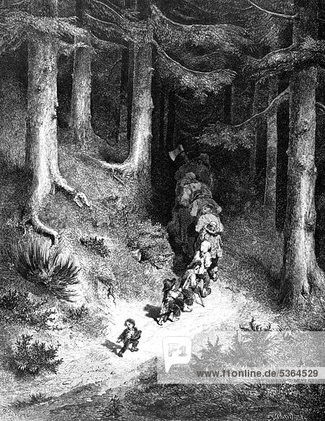 Der kleine Däumling  Junge mit seinen sechs Brüdern im dunklen Wald  Illustration aus Perraults Märchen  von Charles Perrault  illustriert von Gustave Dore