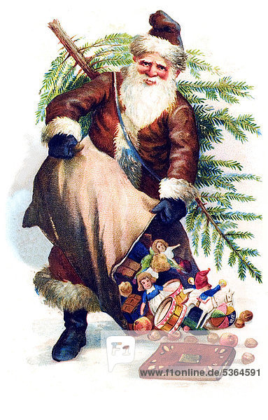 Santa bringing gifts  historical illustration