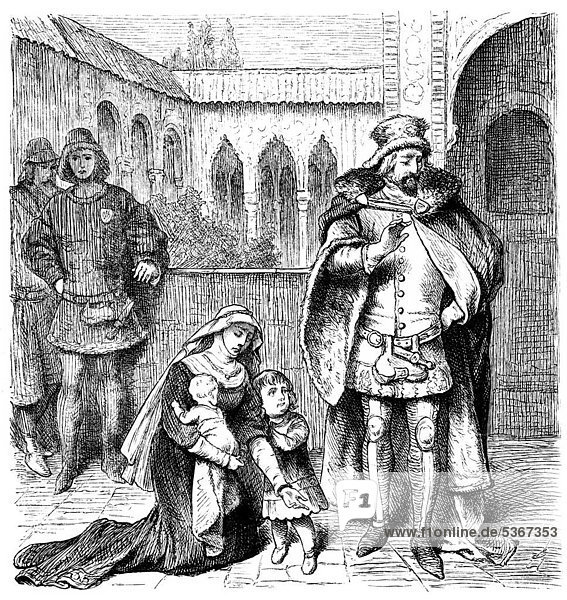 Agnes de Castro  1325 - 1355  Königin von Portugal  kniet vor König Alfonso IV  historischer Stich aus dem Buch denkwürdiger Frauen  Verlag Otto Spamer  1877