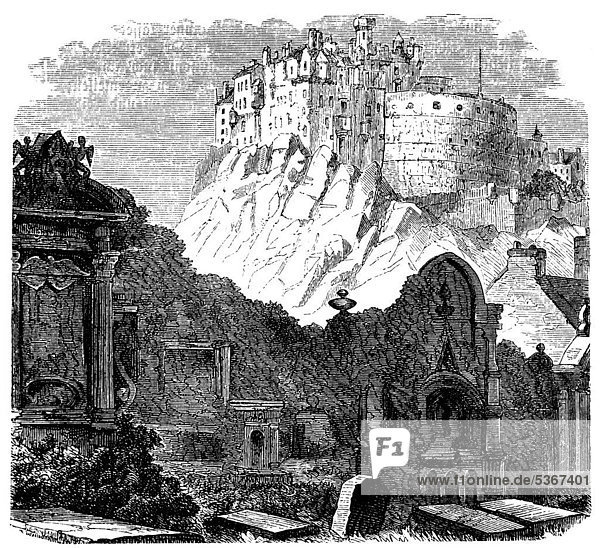 Burg Edinburgh Castle auf dem Castle Rock  Edinburgh  Schottland  historischer Stich aus dem Buch denkwürdiger Frauen  Verlag Otto Spamer  1877