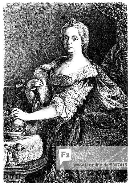 Maria Theresa of Austria  1717 - 1780  a princess from the House of Habsburg  Archduchess of Austria and Queen of Hungary  Croatia and Bohemia  historic engraving from the Buch denkwuerdiger Frauen or book of memorable women  published by Otto Spamer  1877