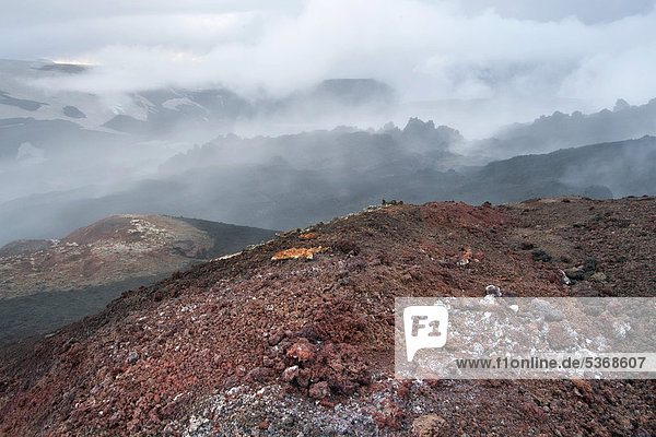 Steaming lava field formed during the eruption of a fissure vent in the Fimmvoer_uh·ls region in 2010 Fimmvoer_uh·ls hiking route _Ûrsmoerk Iceland Europe