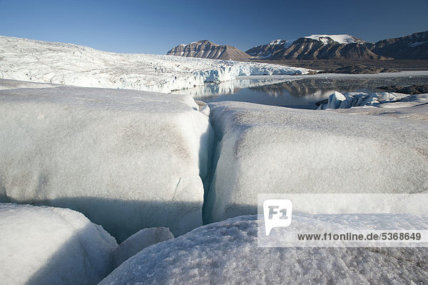 Crevasses in Nordenskioelfbreen Glacier  Billefjord  Spitsbergen  Svalbard  Norway  Scandinavia  Europe