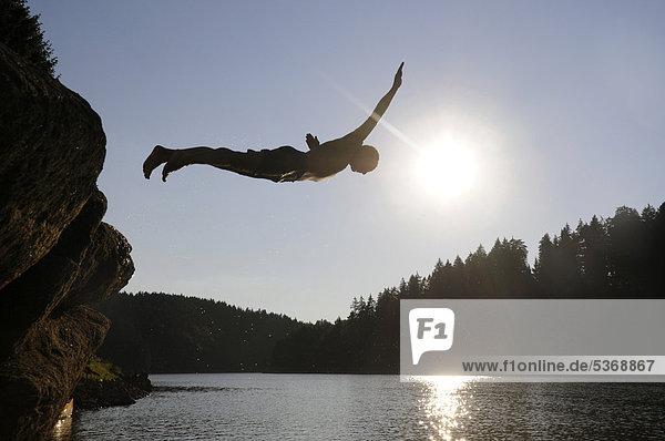 Man diving off a cliff  backlit  Kamp  Ottenstein reservoir  Rastenfeld  Lower Austria  Austria  Europe